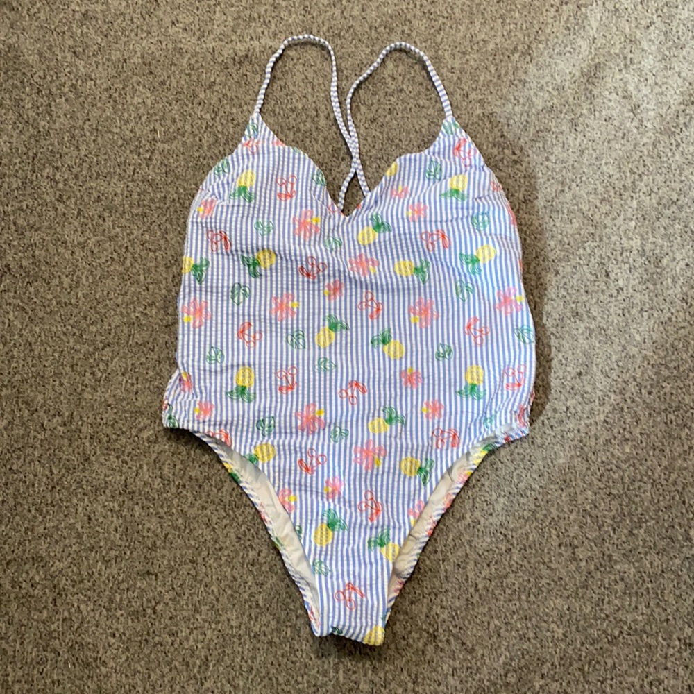J. Crew Blue Stripe One-Piece Swimsuit with Yellow & Pink Fruit Print
